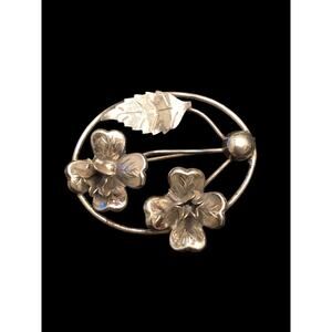 Vtg MCM Sterling Silver Oval Floral Brooch Lang 5.98g 925